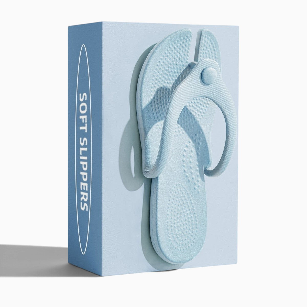 Tong pliable NOMADYS par Orthopodys, marque exploitée par AIIBORI (SASU), en EVA bleu clair sur boîte de rangement.