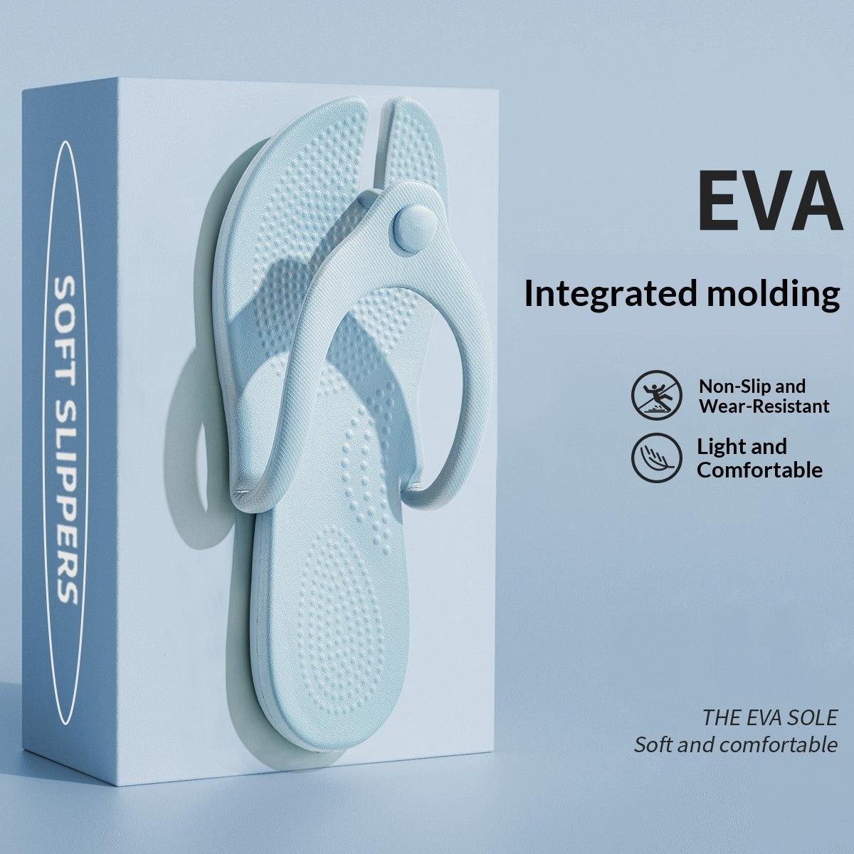 Tong pliable Orthopodys marque exploitée par AIIBORI (SASU) en EVA bleu clair, légère et confortable pour le voyage
