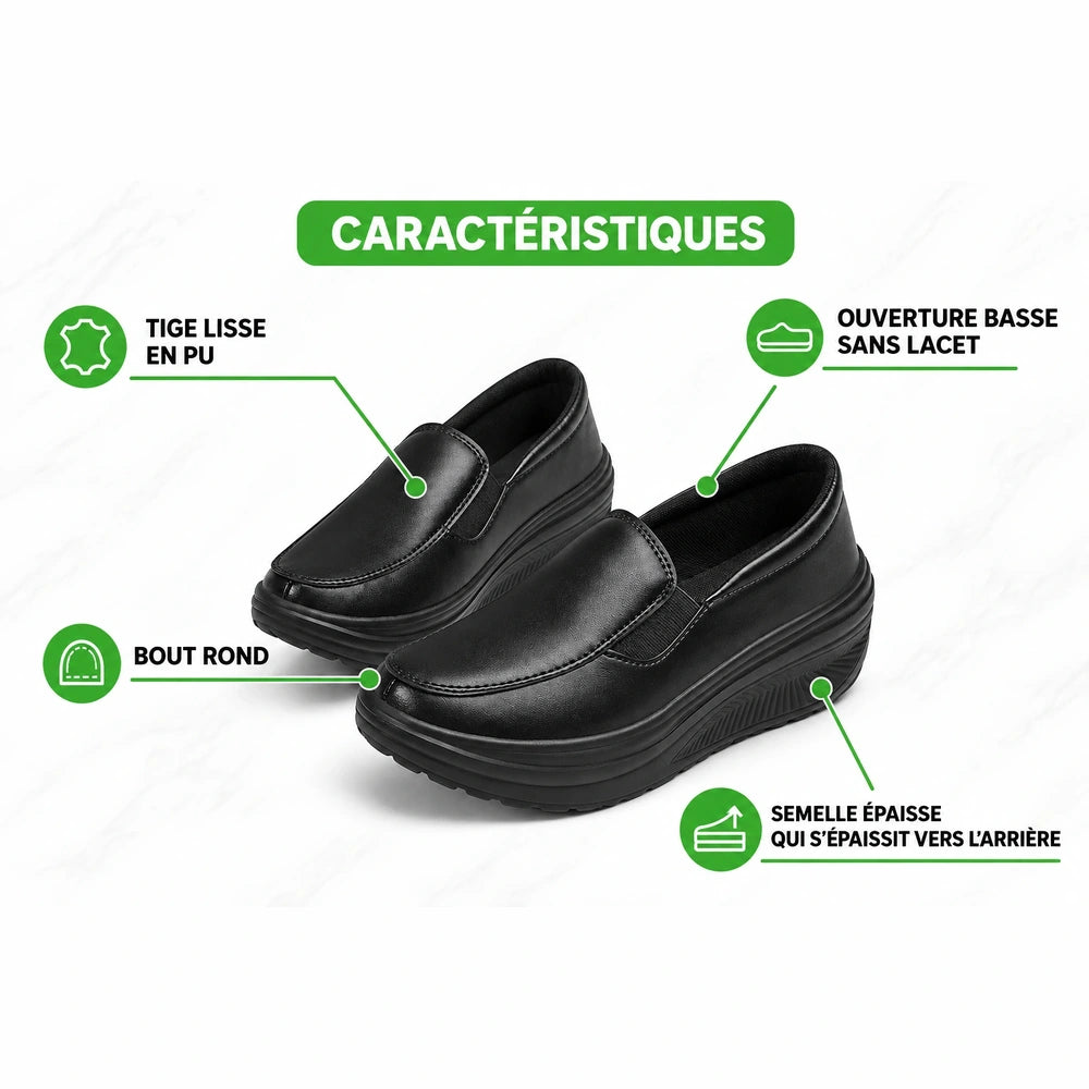 Mocassins femme compensés noirs Orthopodys en PU avec tige lisse, bout rond et semelle épaisse stable sans lacets