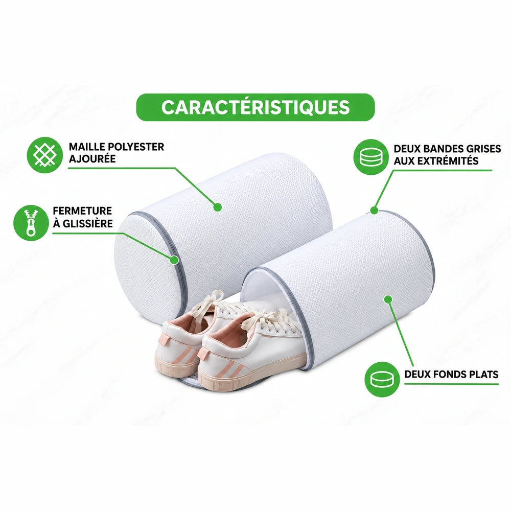 Sac de lavage pour chaussures MAILLYS™ par Orthopodys en maille blanche cylindrique avec fermeture éclair