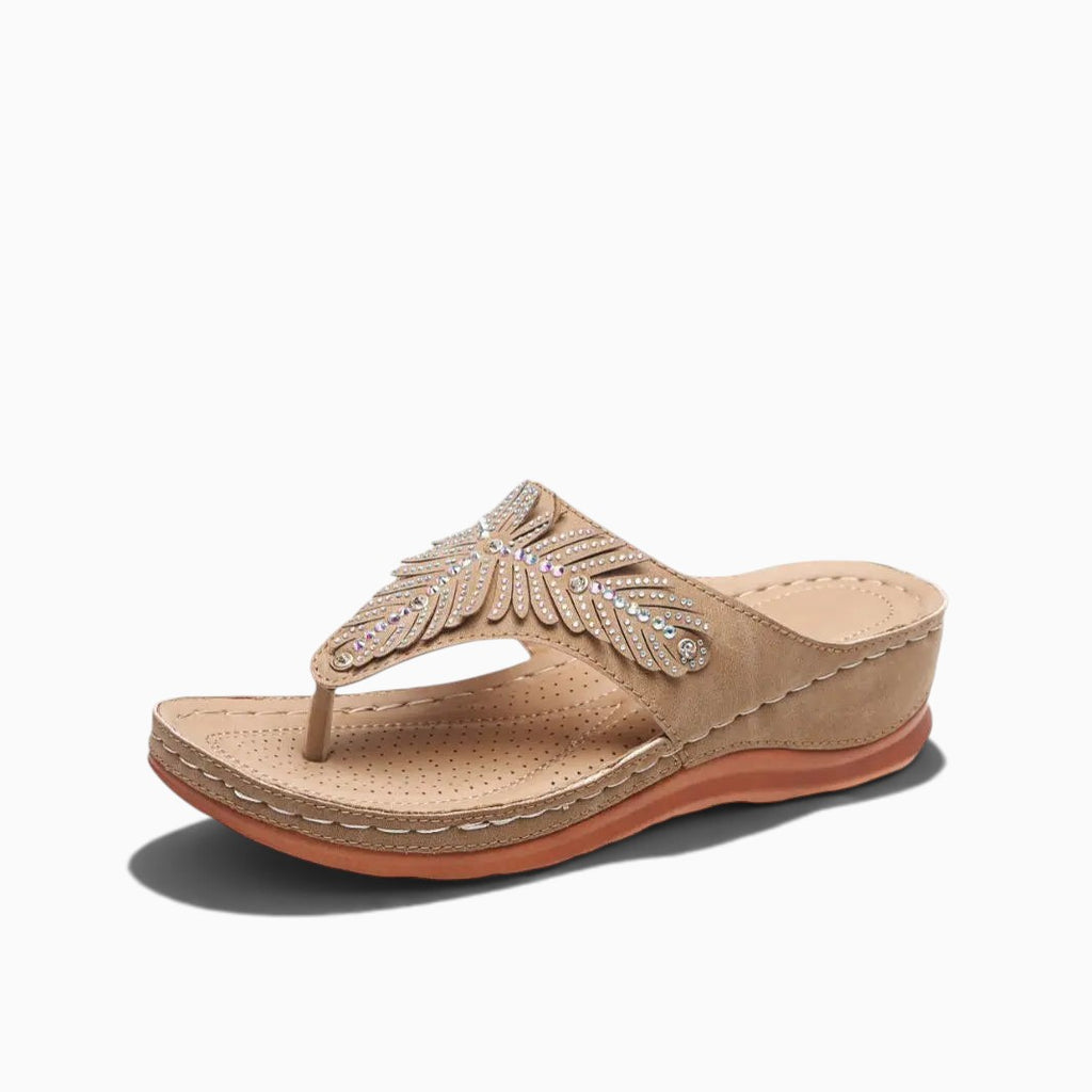 Sandale entre-doigts Orthopodys beige à semelle compensée avec détails en strass brillants sur la bride