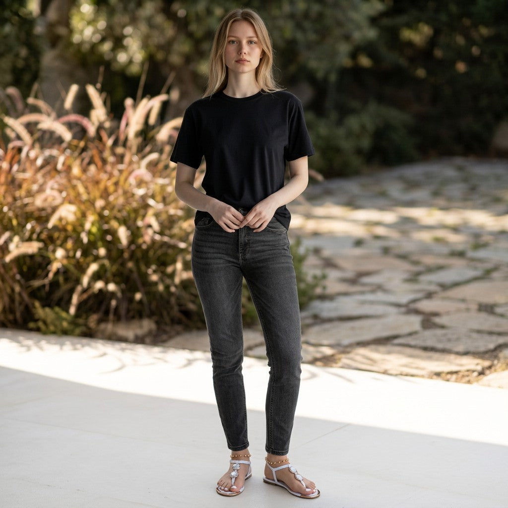 Femme portant des sandales Orthopodys RIVIERA blanches avec détails bijoux, t-shirt noir et jean, en extérieur.