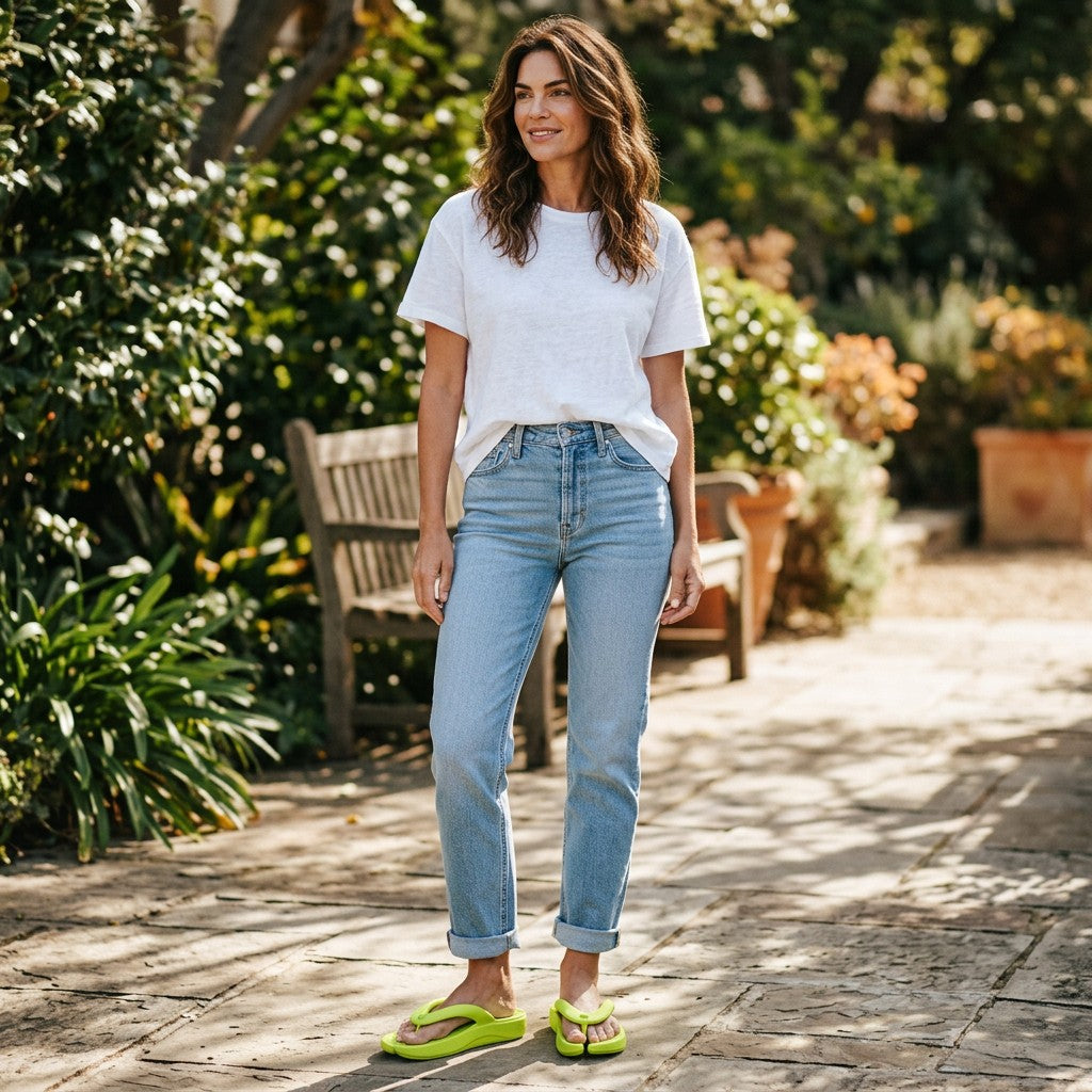 Femme portant des tongs Orthopodys SOLEIA vert citron en EVA souple et antidérapant dans un jardin ensoleillé Image
