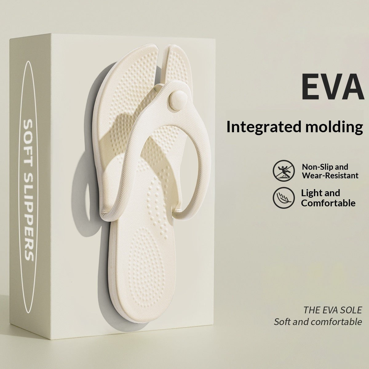 Tong pliable Orthopodys en EVA blanc, légère et compacte pour le voyage, posée sur un support vertical.