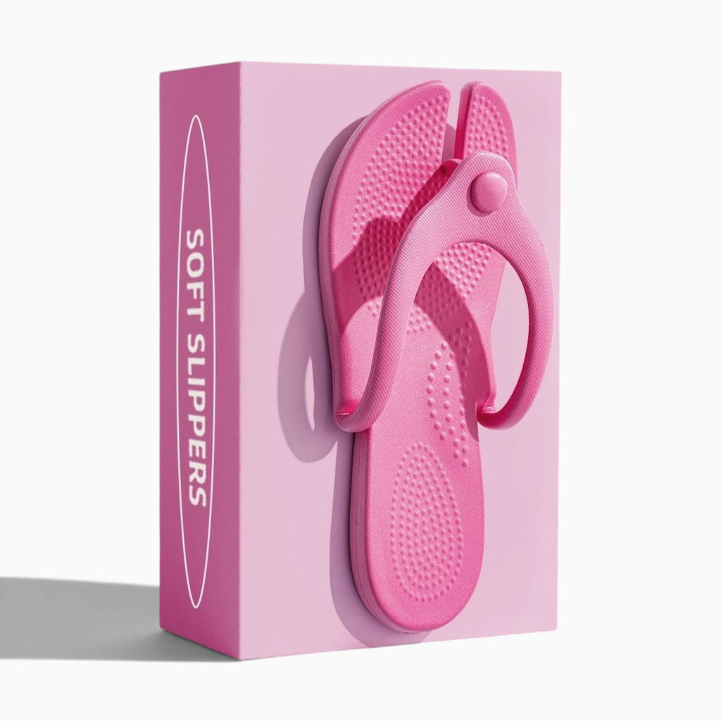 Tong pliable rose NOMADYS par Orthopodys, marque exploitée par AIIBORI (SASU), en matière EVA légère sur sa boîte.