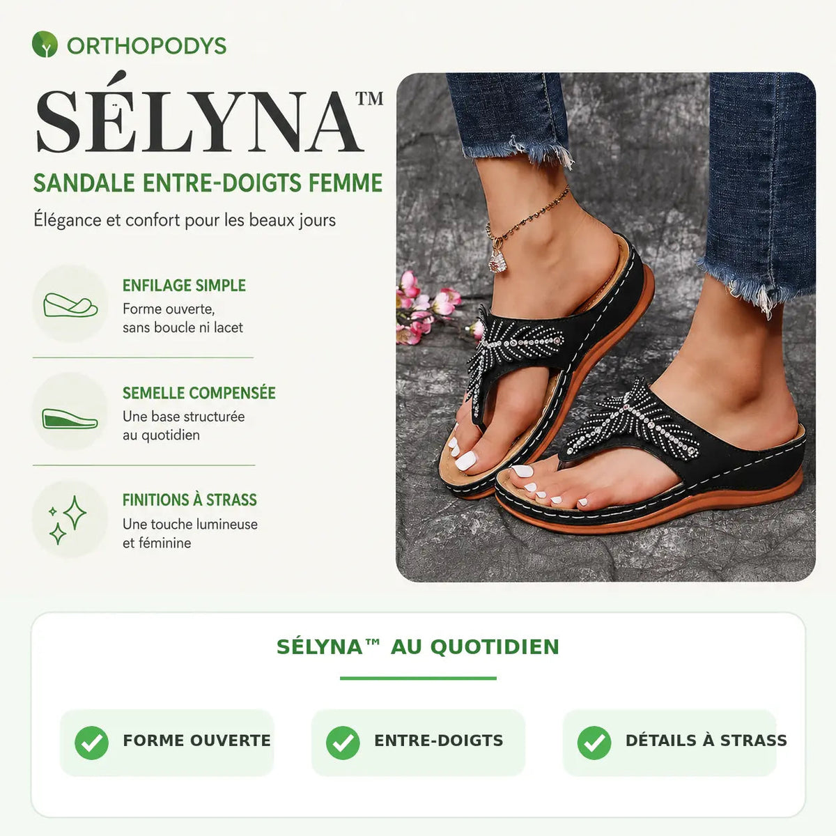 Infographie SÉLYNA™ noire – sandale entre-doigts à strass et semelle compensée