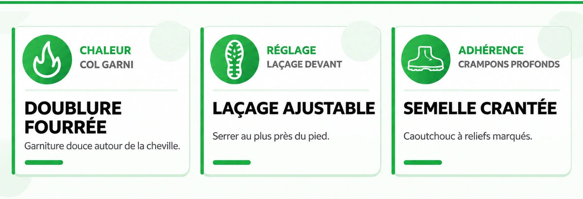 Bénéfices des chaussures SKANDIA : col fourré, laçage ajustable et semelle crantée Image