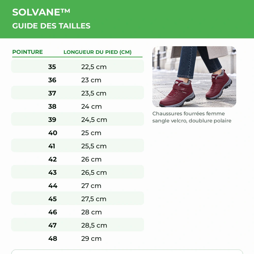 Guide des tailles SOLVANE du 35 au 48 avec longueur indicative du pied en centimètres Image