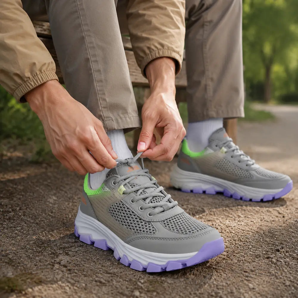 Homme ajustant les lacets de la chaussure de randonnée légère TREKOVA™ avant une promenade. Image
