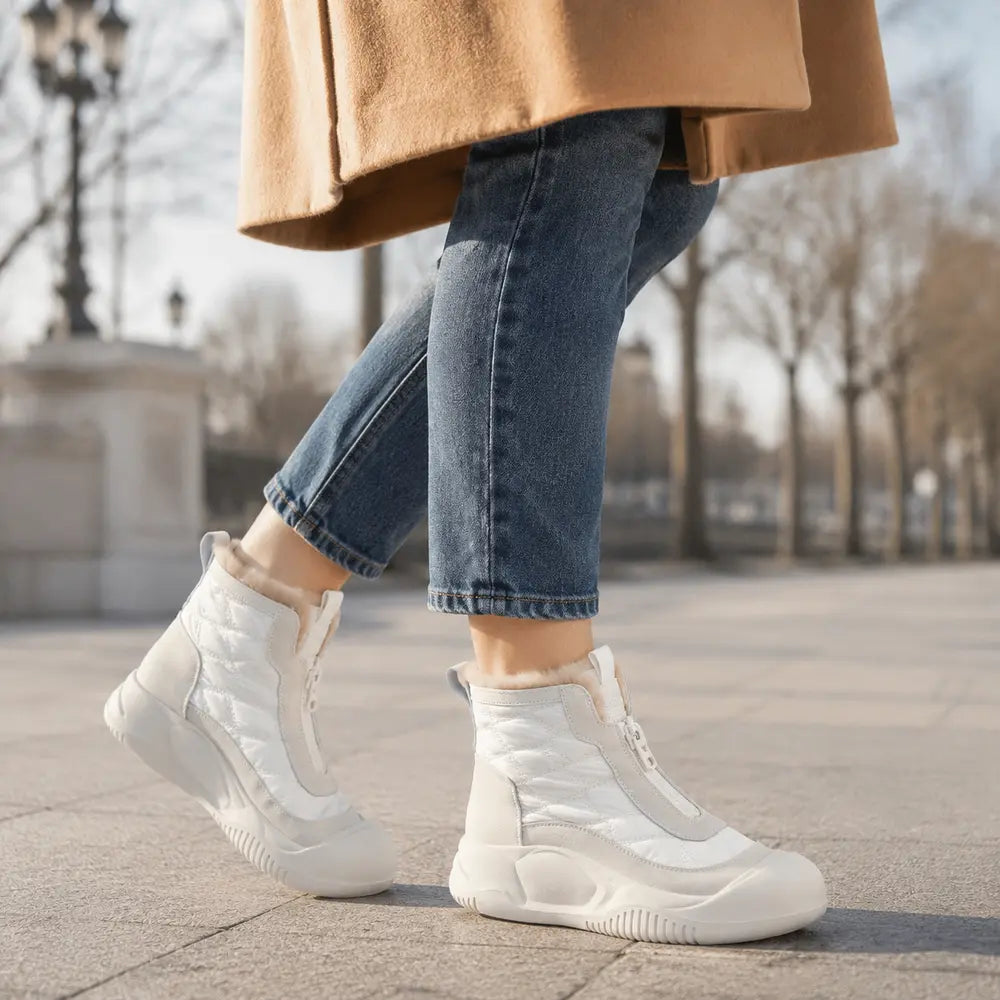 VELNORA™ basket montante fourrée femme blanche en promenade hivernale Image