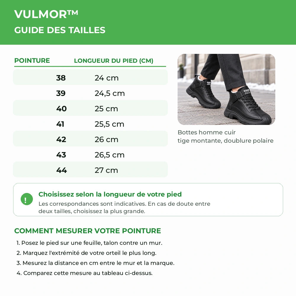 Guide des tailles VULMOR du 38 au 44 avec longueur indicative du pied en centimètres Image
