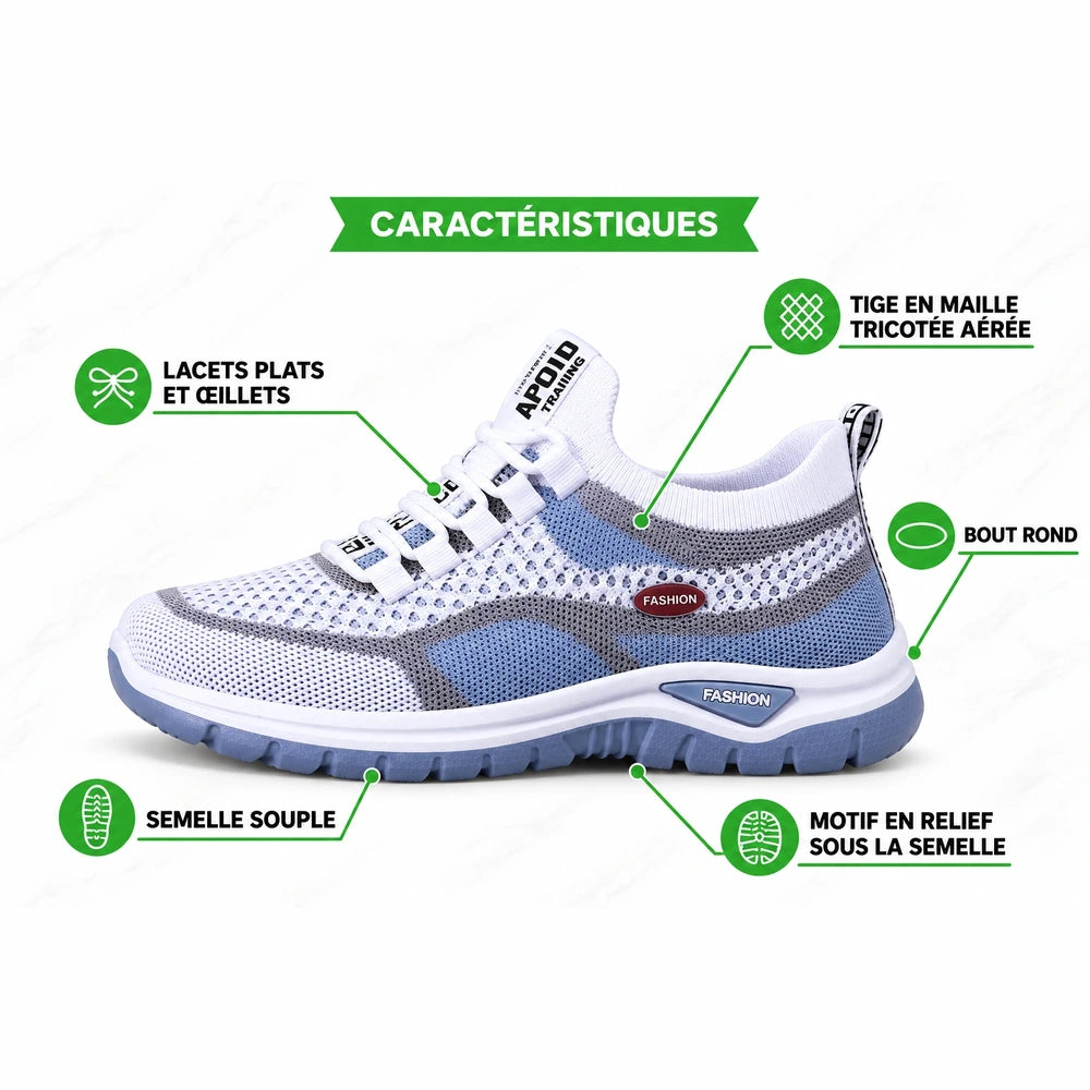 Caractéristiques des baskets MISTRIA™ : tige en maille aérée, lacets plats et semelle souple